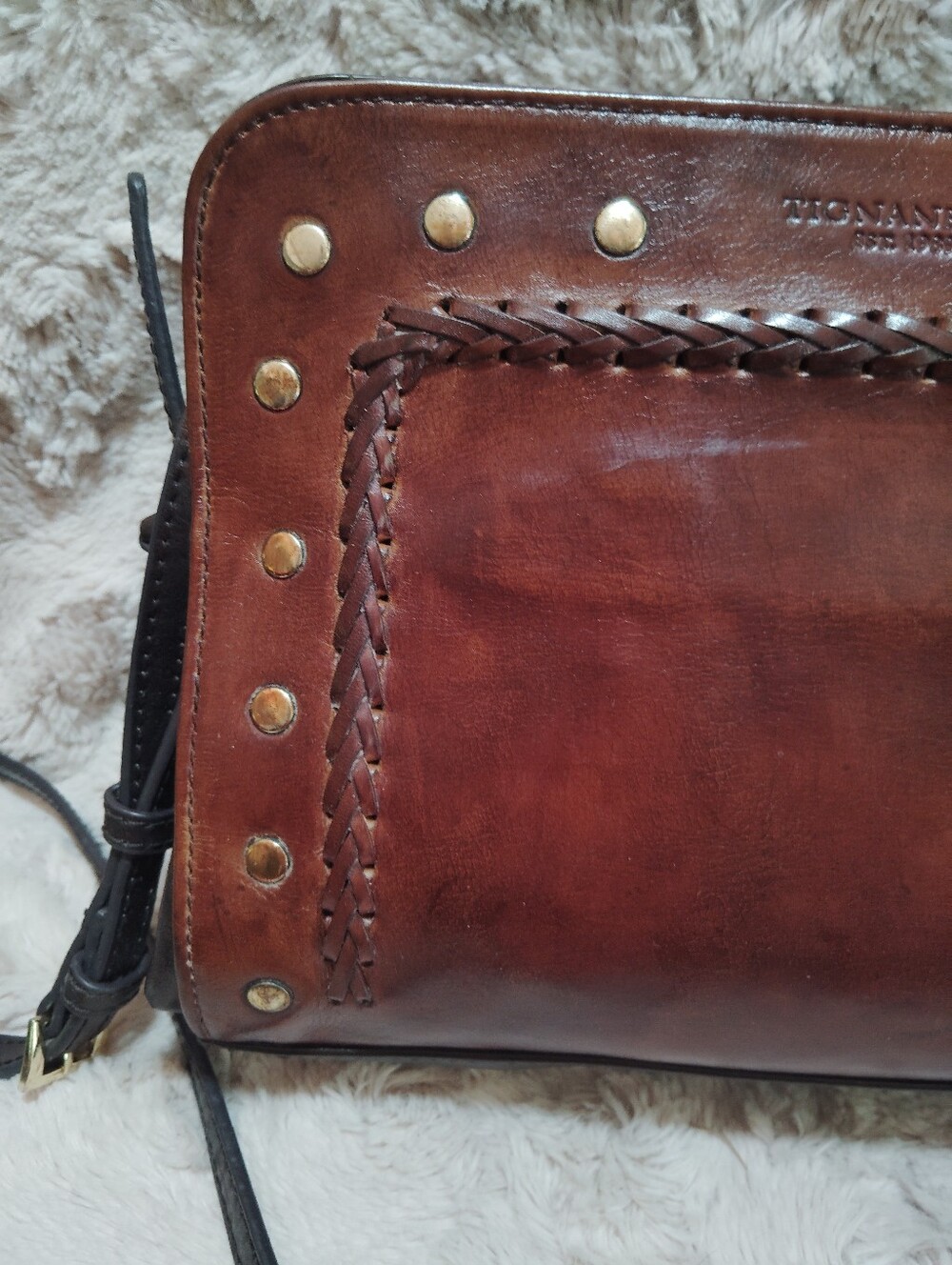 Tignanello Mojave Studded Two-Tone Brown Leather Crossbody - Picture 4 of 12